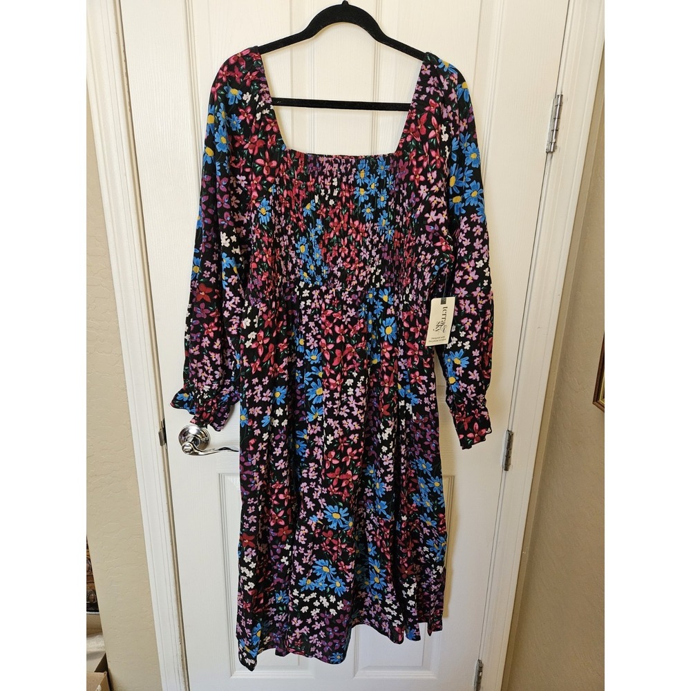 NWT Terra & Sky Smocked Bodice Long Sleeve Floral Print Peasant Midi Dress 2X